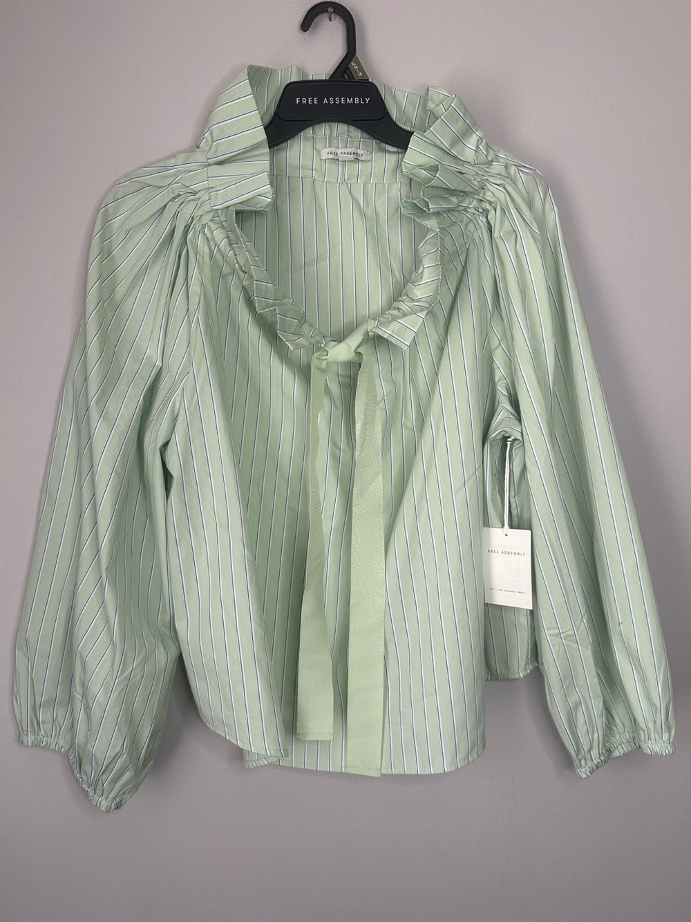 Free Assembly Light Green Striped Ruffle Tie-Neck Blouse size S, & XXL - Picture 6 of 10